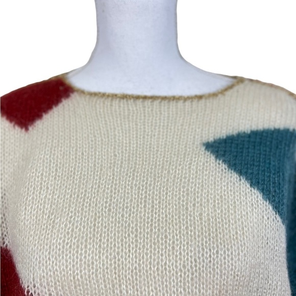 Boxy Geometric Print Fuzzy Mohair Blend Sweater Gold Trim Vintage Handmade - Picture 3 of 8